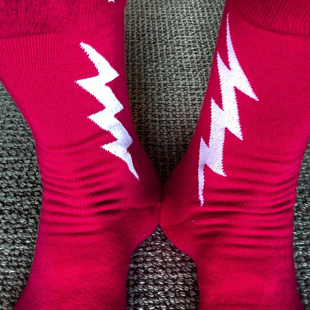 red socks with thunderbolt designs